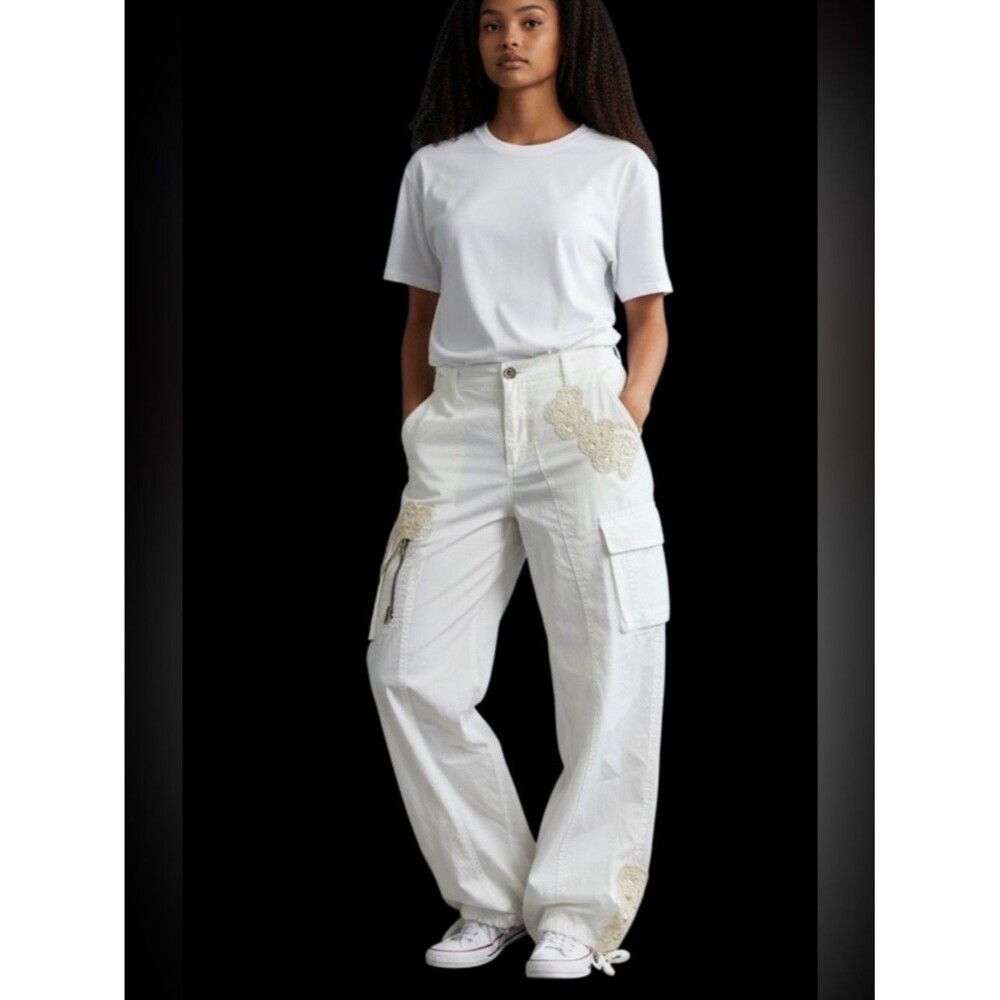 Boho White Cargo Pants with Crochet Appliqué Adjustable waist pants NWOT L.